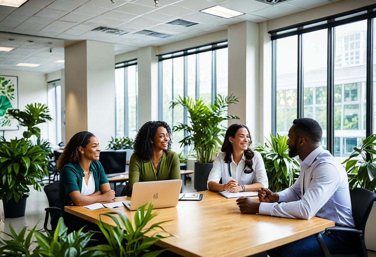 A diverse group of professionals, including women and men of various ethnicities, joyfully discussing job opportunities in a bright, modern office space filled with plants and open windows. A large UVA logo prominently displayed in the background, rays of sunlight streaming in, symbolizing hope and positivity. Vibrant colors, lively atmosphere, and a sense of excitement in the air. super-realistic. bright colors. modern office.