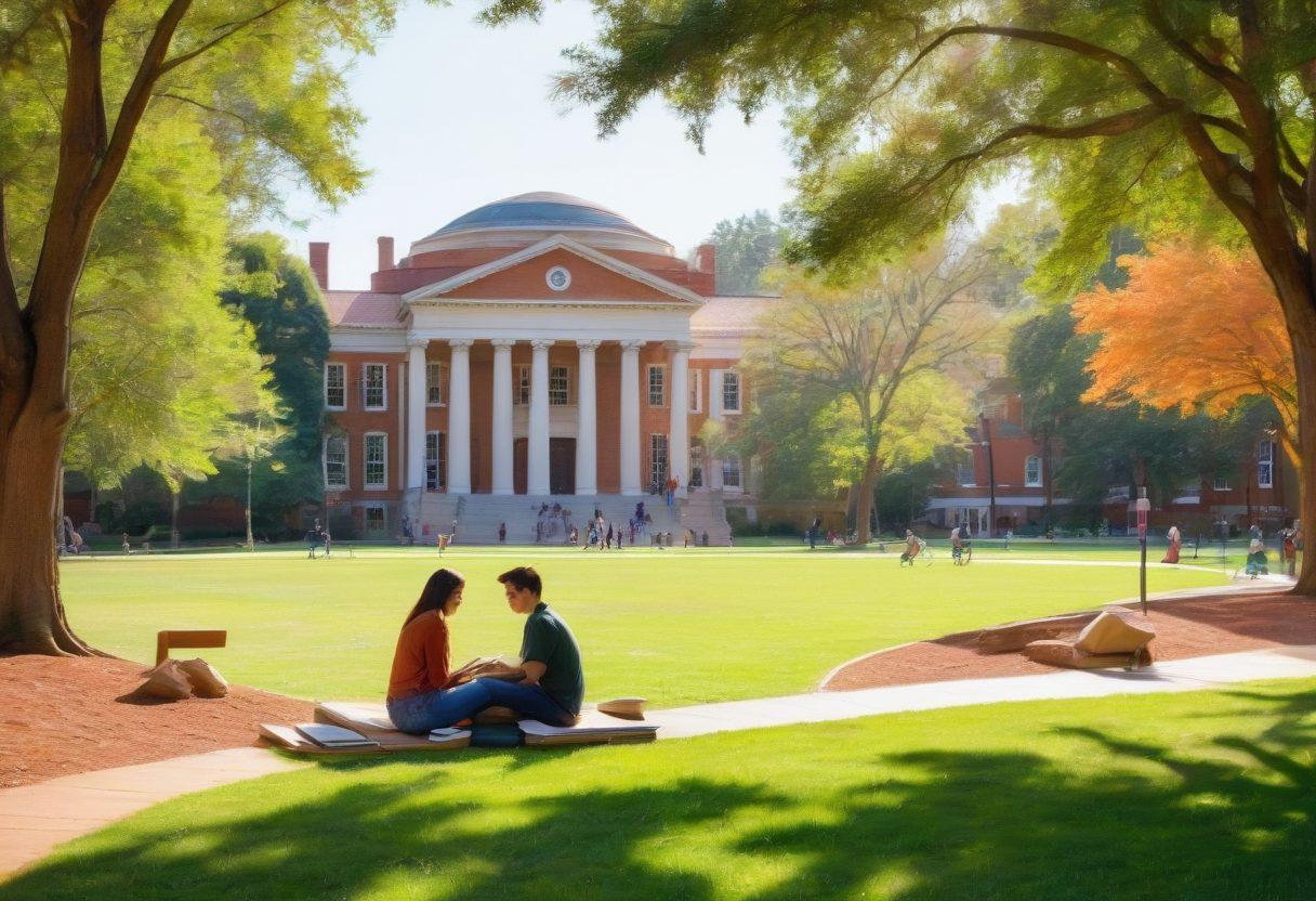 A serene university campus at UVA, filled with warm sunlight filtering through lush trees. In the foreground, a couple of diverse students are discussing career opportunities, surrounded by books and laptops. In the background, iconic UVA architecture reflects an ambiance of romance and ambition. Incorporate elements like heart shapes subtly blended into the foliage. watercolor painting. warm colors. soft focus.