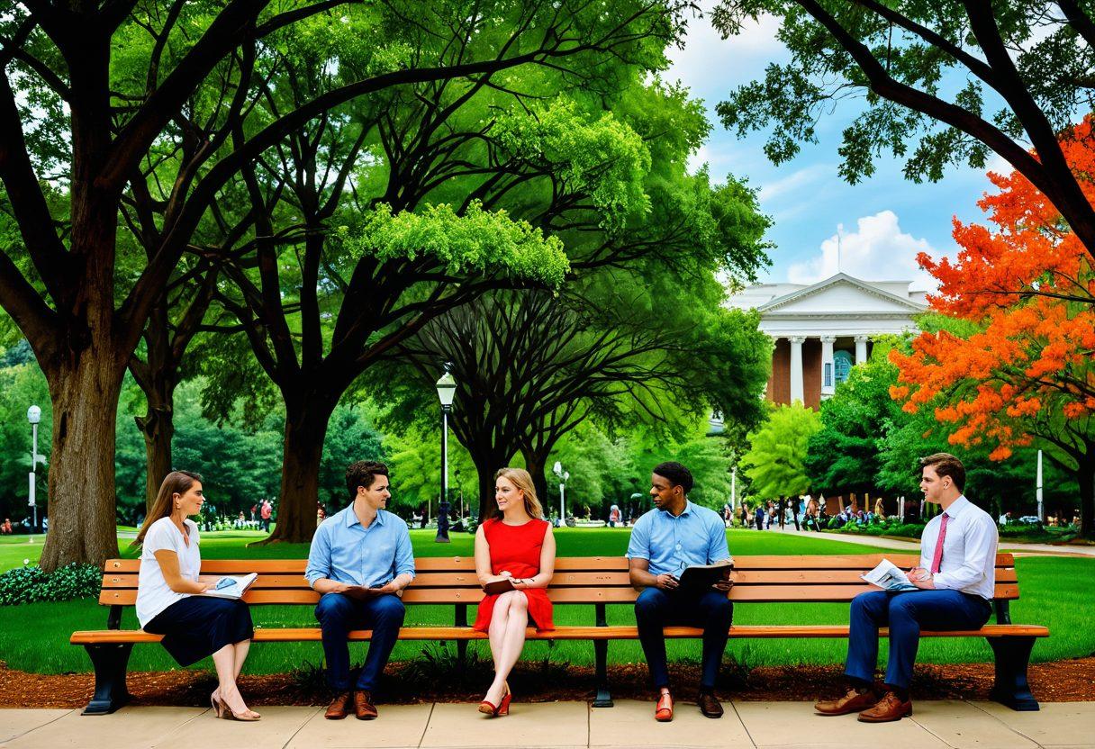 An inspiring scene of a diverse group of young professionals engaging in dynamic discussions in a modern UVA campus setting. Showcase vibrant colors with elements of nature, such as trees and flowers blending into the background, symbolizing growth and passion. Include subtle hints of various career paths, like art, science, and technology, represented through icons or books on a nearby bench. The sky is clear and bright, conveying a sense of optimism and opportunity. super-realistic. vibrant colors. modern style.